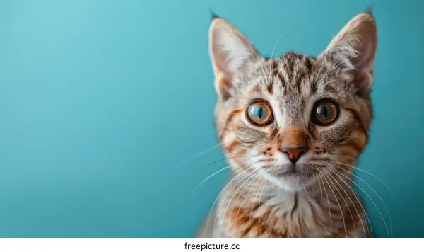 A cute tabby cat looking at the camera with big green eyes