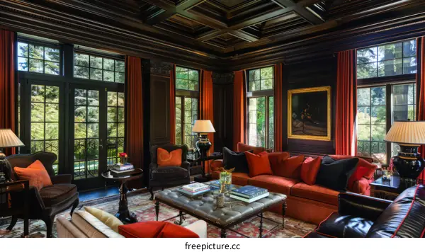 Ornate living room with dark wood paneling and red velvet curtains