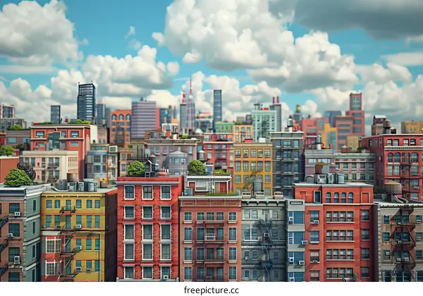 Urban Metropolis with Colorful Buildings Under Blue Skies
