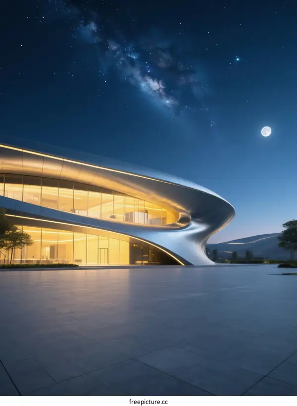 Modern Architectural Building with Curved Design Under Starry Night