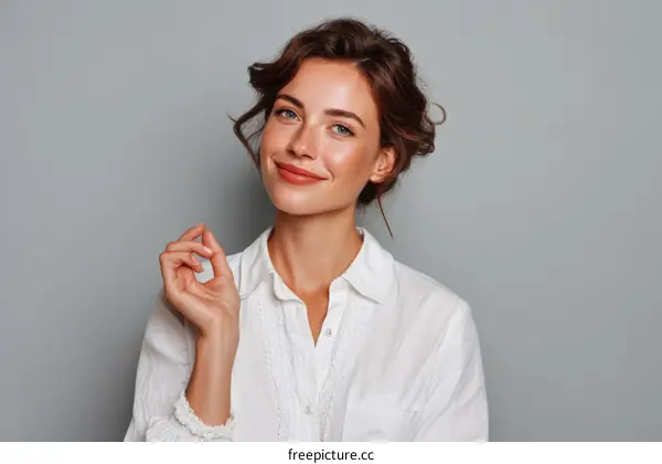 Smiling Woman in White Shirt against a Grey Background