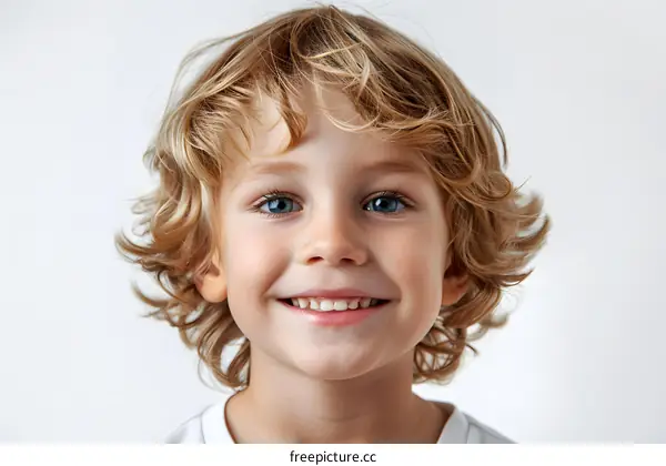 Portrait of a happy smiling little boy with blond hair and blue eyes