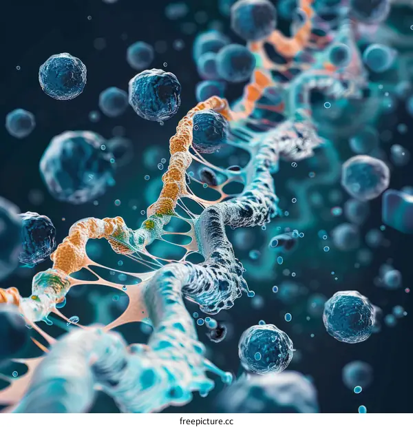 Blue and Orange DNA Double Helix with Surrounding Spheres