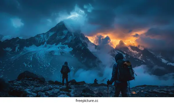 Hikers Witnessing a Dramatic Lightning Storm on a Mountaintop