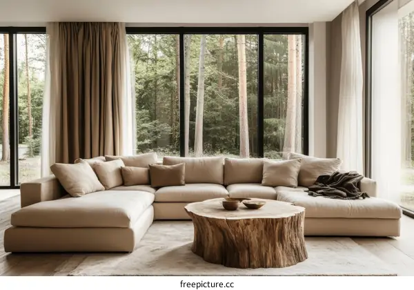 Modern Beige Sectional Sofa in a Forest View Living Room