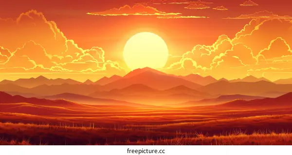 Red Sun Setting Over Mountain Ranges