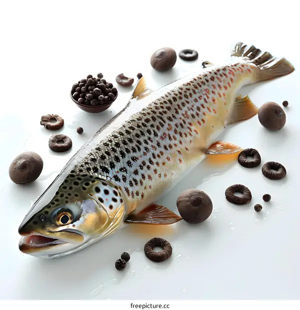 Fresh trout fish with spices on white background