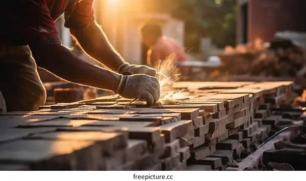 Gloved hands of a construction worker using an angle grinder to cut bricks at a construction site