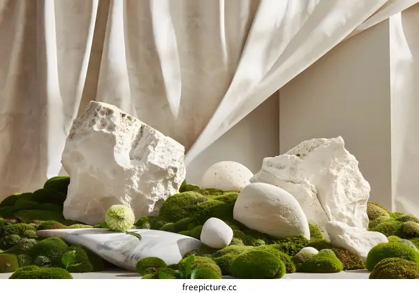 White Rocks and Green Moss on a Neutral Background