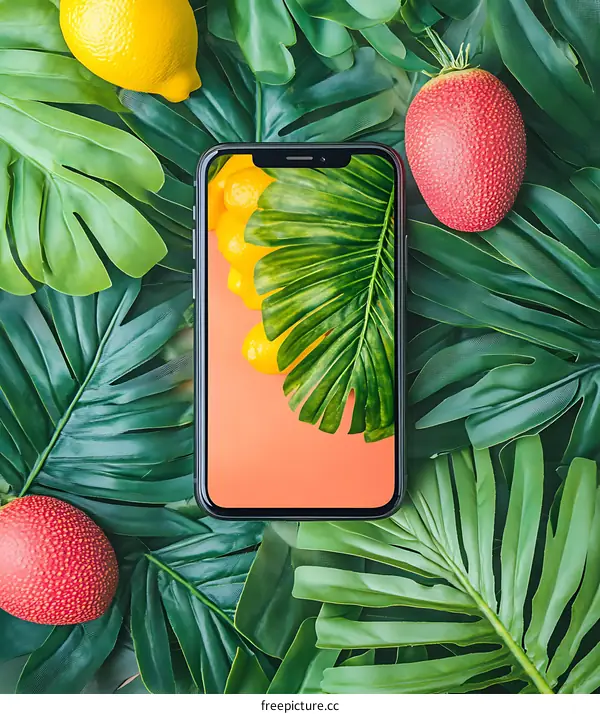 Summer Smartphone Mockup With Tropical Leaves