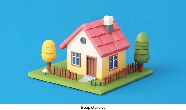 Low Poly House with Trees and Fence