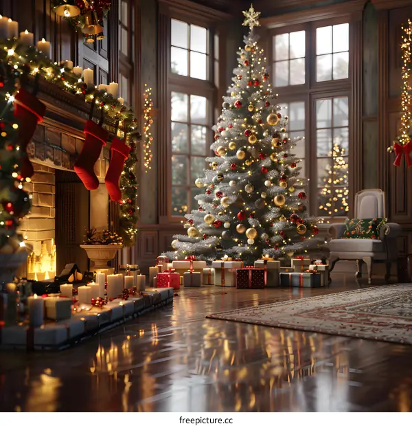 Exquisitely decorated Christmas tree by the fireplace