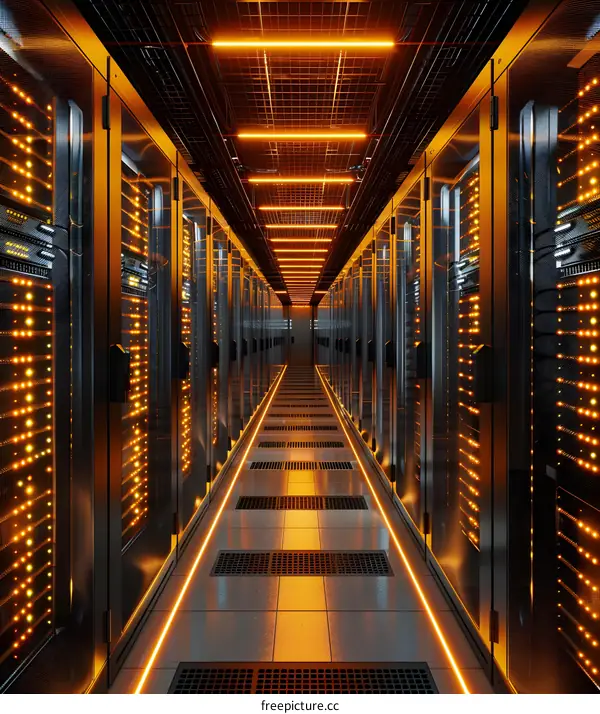 Server room with bright orange lights