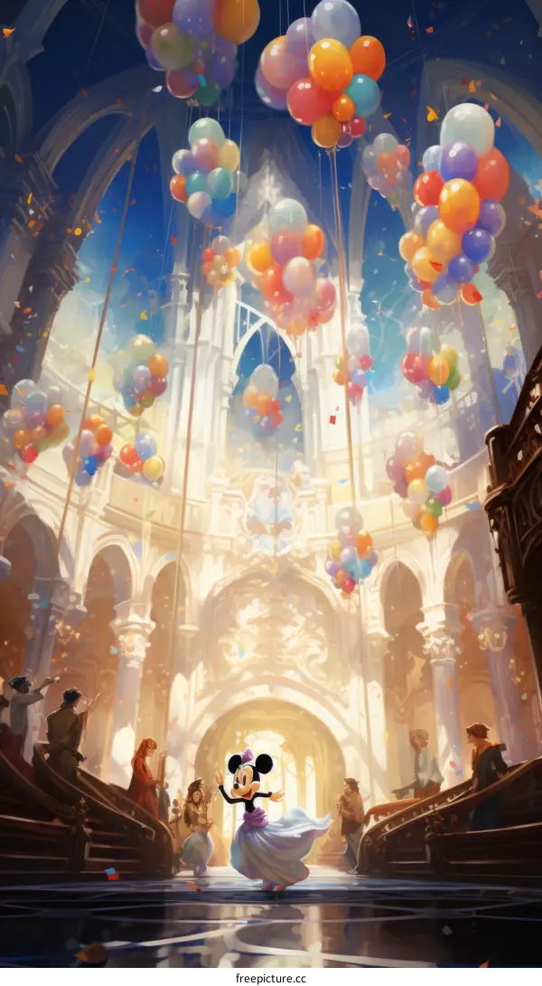 Mickey Mouse in a magical place with balloons