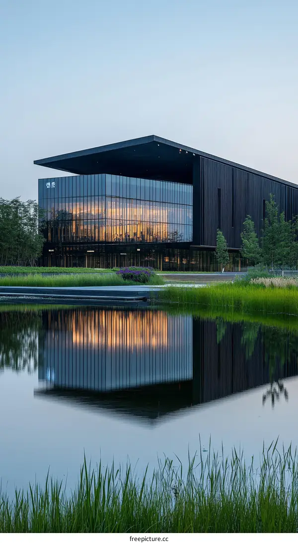 Modern Architectural Building by the Pond