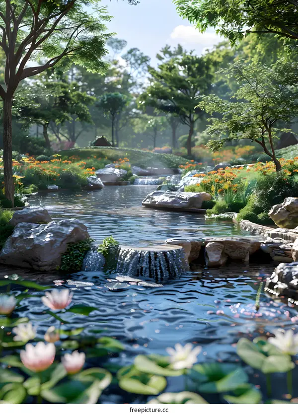 A beautiful landscape painting of a mountain stream in a forest.