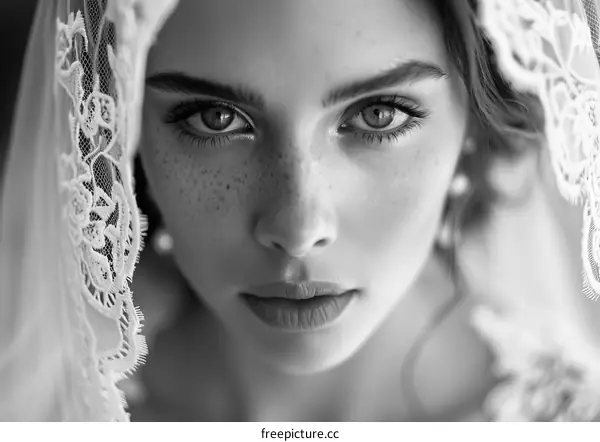 Portrait of a young woman with freckles and a lace veil