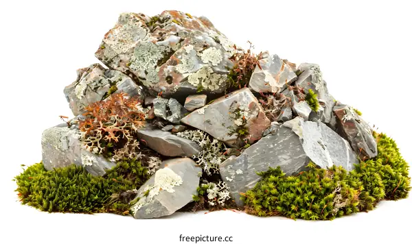 Pile of Rocks Covered in Moss and Lichens Isolated on White Background