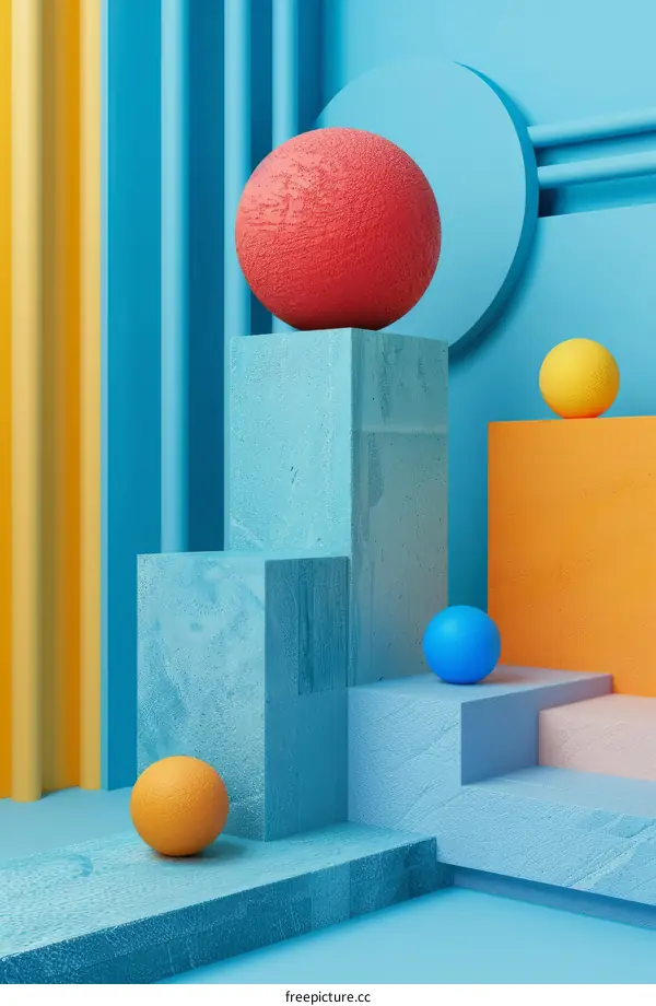 Bright Abstract 3D Render with Colorful Geometric Shapes and Balls
