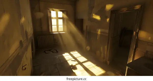 Sunlight streaming through a window in an abandoned room