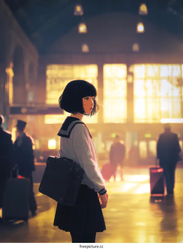 A Girl in a Sailor Suit at the Station in Golden Light