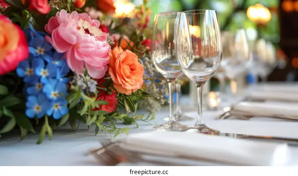 Elegant wedding table decoration with flowers and wine glasses
