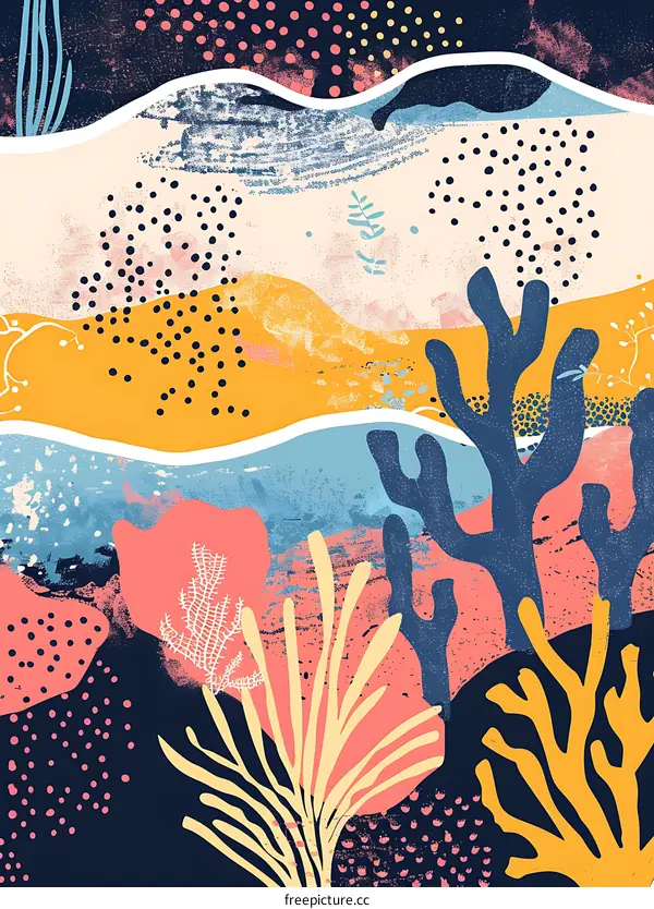 Sea Life Abstract Art Illustration With Coral Reefs And Seaweed
