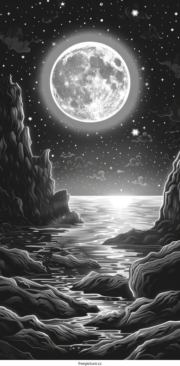 Black and White Digital Drawing of a Full Moon Rising Over a Rocky Coast