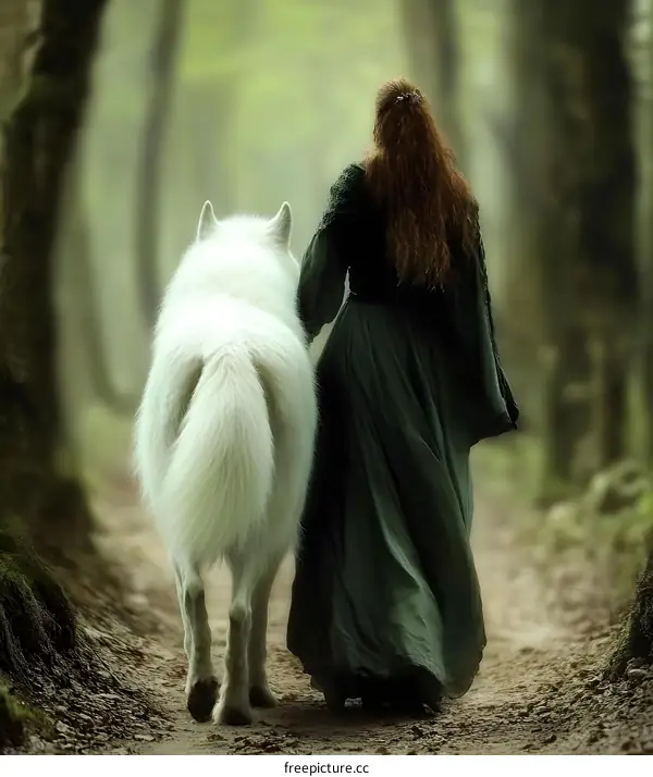 Woman Walking With A White Wolf In Forest