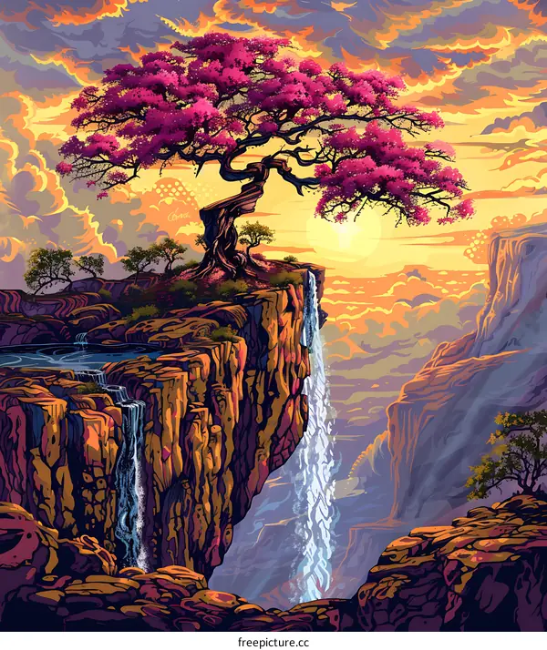 Fantasy Landscape With Waterfall and Cherry Blossom Tree