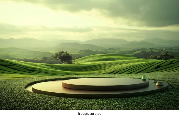 Empty Podium in a Lush Green Tea Plantation Landscape