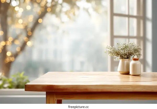 Wooden Table Top with Decorative Items and Window View