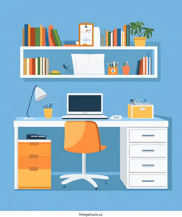 Modern Home Office Desk with Laptop and Bookshelf