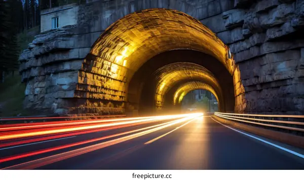 Illuminated tunnel with blurred red and yellow car lights at night