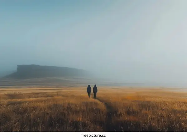 Two people walking in a foggy field