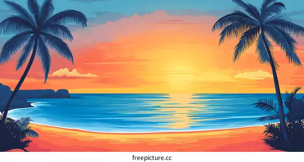 Tropical Sunset Beach Scene with Palm Trees