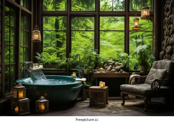 Tranquil forest house with bathtub and lush greenery