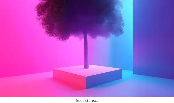 Tree in Neon Lights Abstract Background Minimalist Design