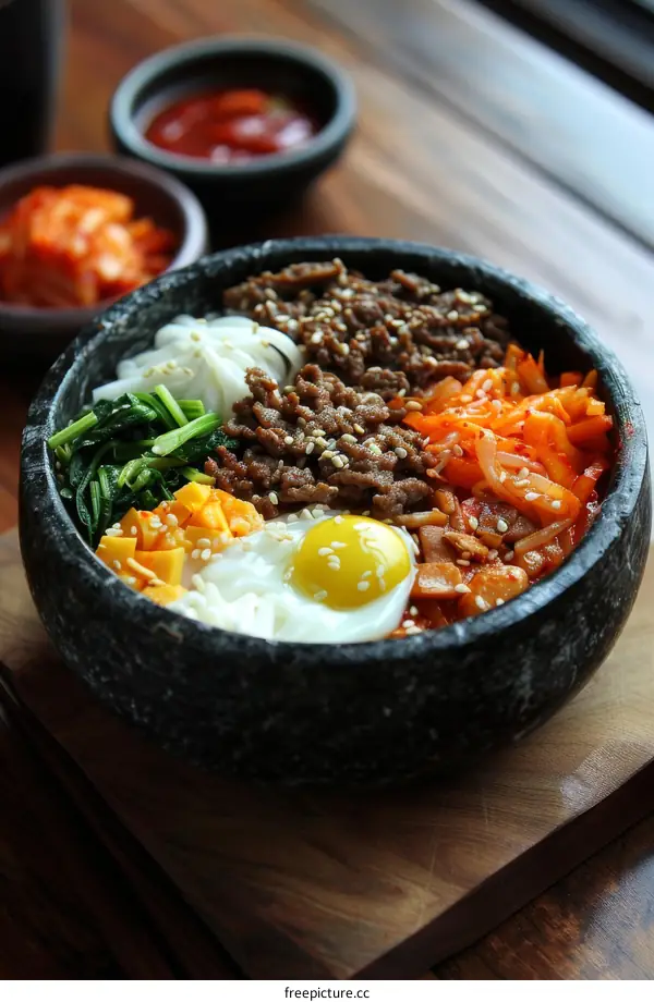 Dolsot Bibimbap: Korean Stone Bowl Rice with Meat and Vegetables