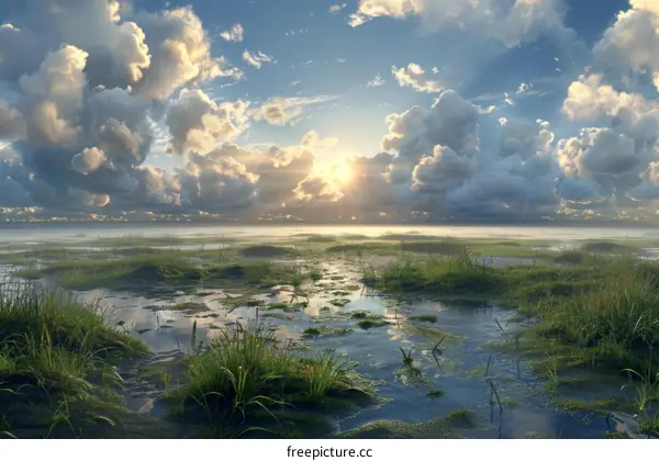 Sunrise over a tranquil marsh landscape