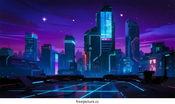 Futuristic Cyberpunk Cityscape with Neon Lights and Stars
