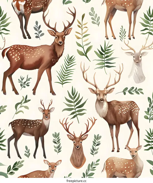 Watercolor Seamless Pattern with Deers and Leaves