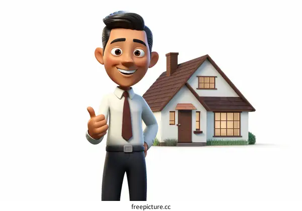 3d illustration of a real estate agent giving thumbs up in front of a house