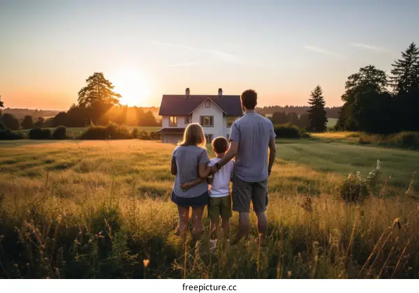 Family standing in a field of tall grass watching the sunset near their new home