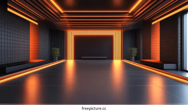 Modern Empty Hallway with Orange Neon Lights