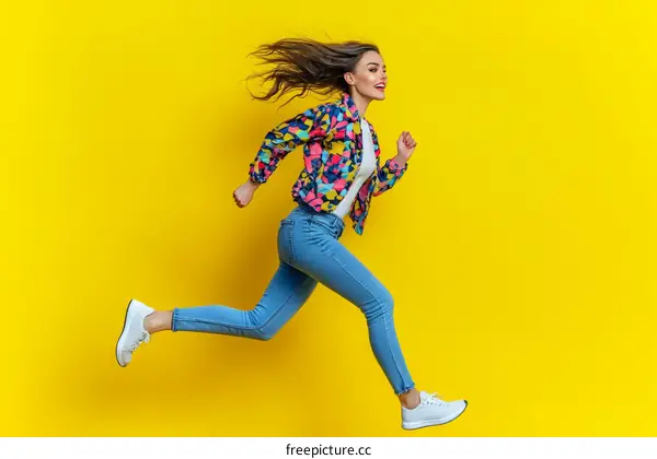 Dynamic Woman in Colorful Fashion Jacket Running