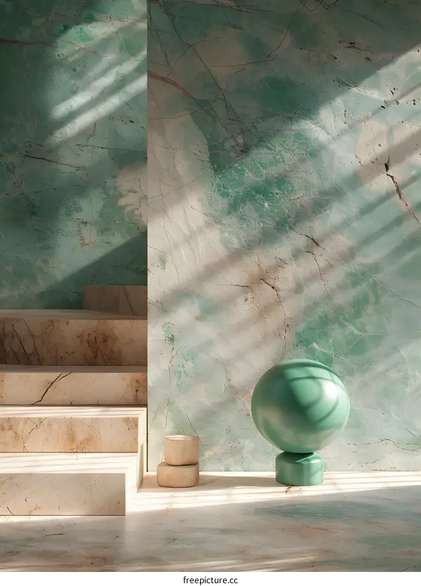 Green Marble Stairs: Light and Shadow Play