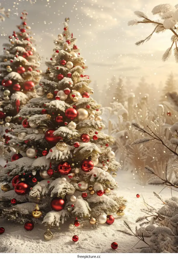 Snowy Christmas Tree Scene with Ornaments