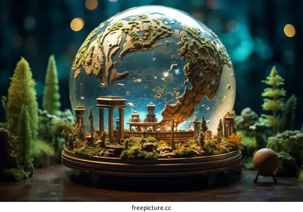 A beautiful and fragile terrarium with a mini city inside