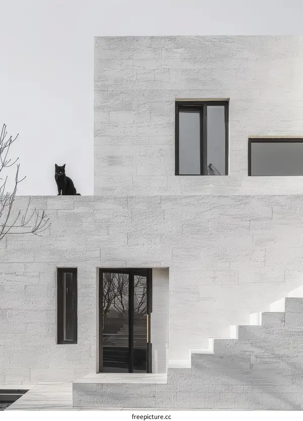 A black cat on the roof of a white concrete house